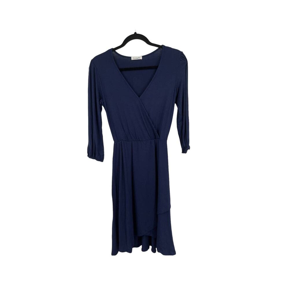 Loveappella dress solid 3/4 sleeve faux wrap blue X-Small XS